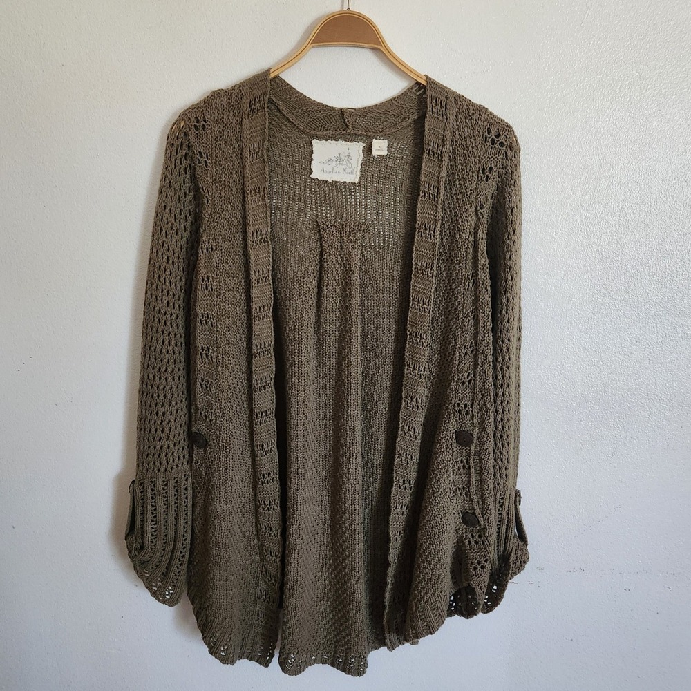 Anthropologie Angel of the North Open Front Knit Cardigan 6 Olive Green Earthy